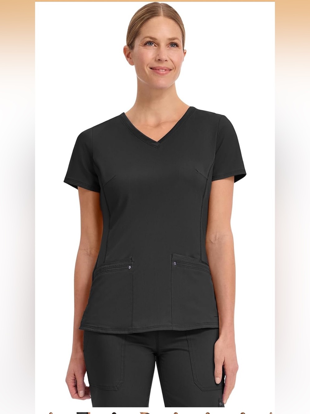 healing hands Women's Black V-Neck Short Sleeve Scrub Top